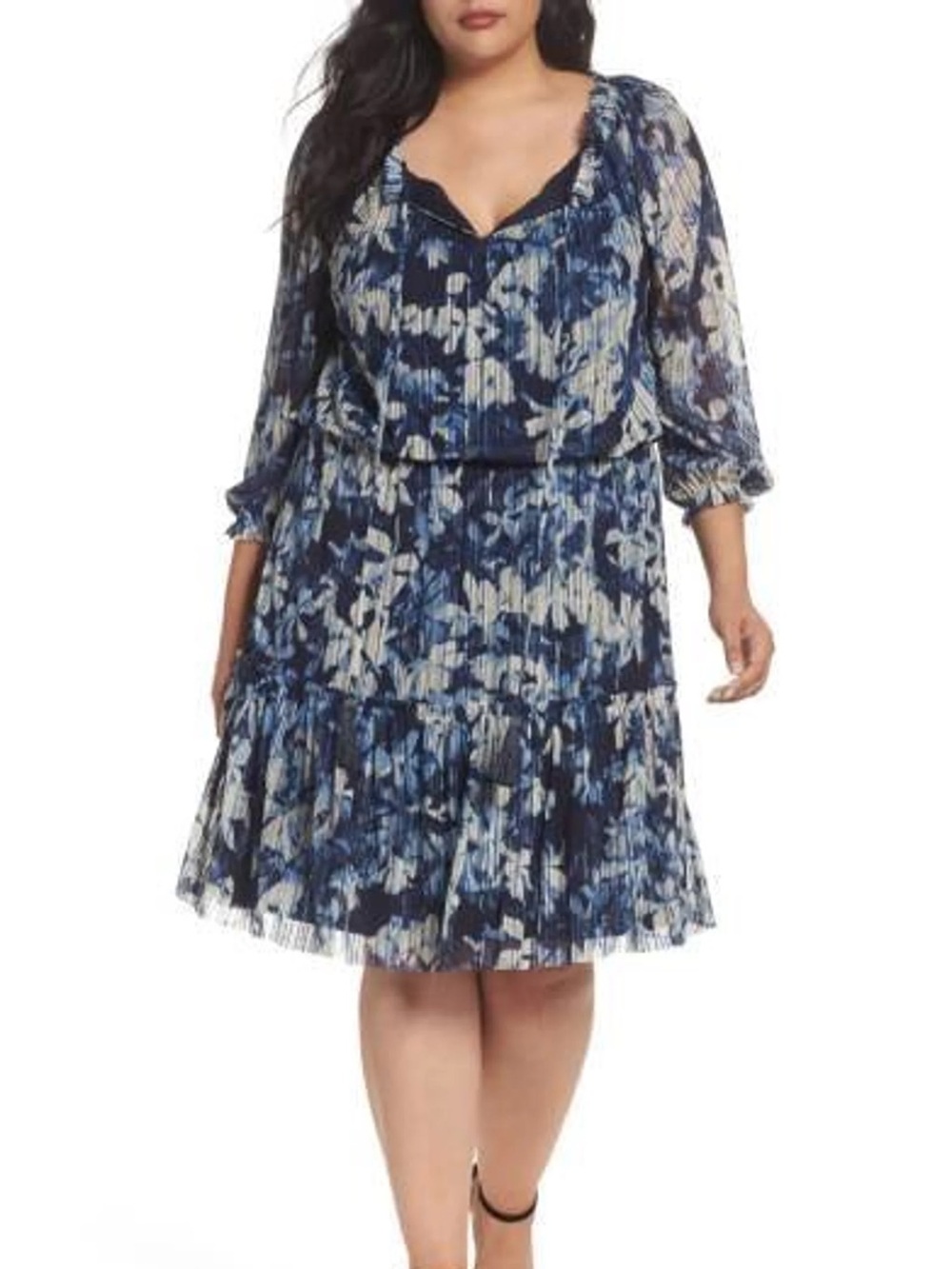 London Times Floral Blue Dress Crinkle Mesh Blouson Watercolor Longsleeve 14